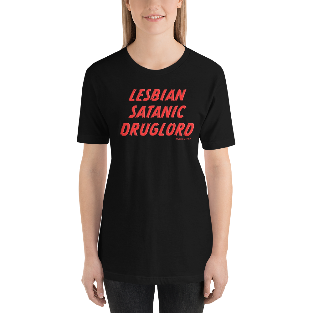 Lesbian Satanic Druglord QueerTeez He/Him Short-Sleeve T-Shirt