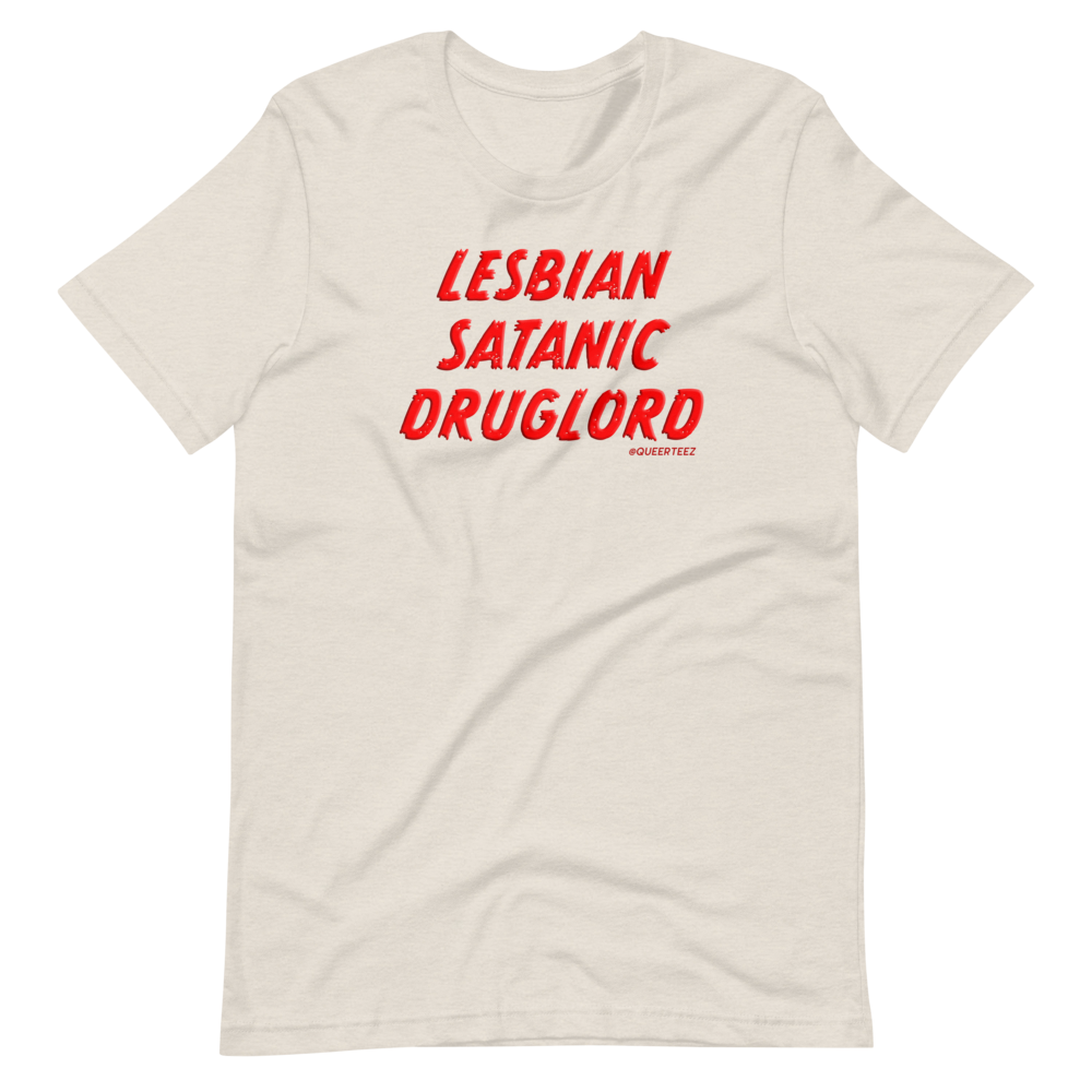 Lesbian Satanic Druglord QueerTeez He/Him Short-Sleeve T-Shirt